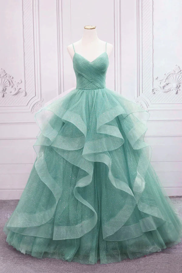 Wholesale Green Spaghetti Strap Long Prom Dress Green V-Neck Tulle Evening Dress